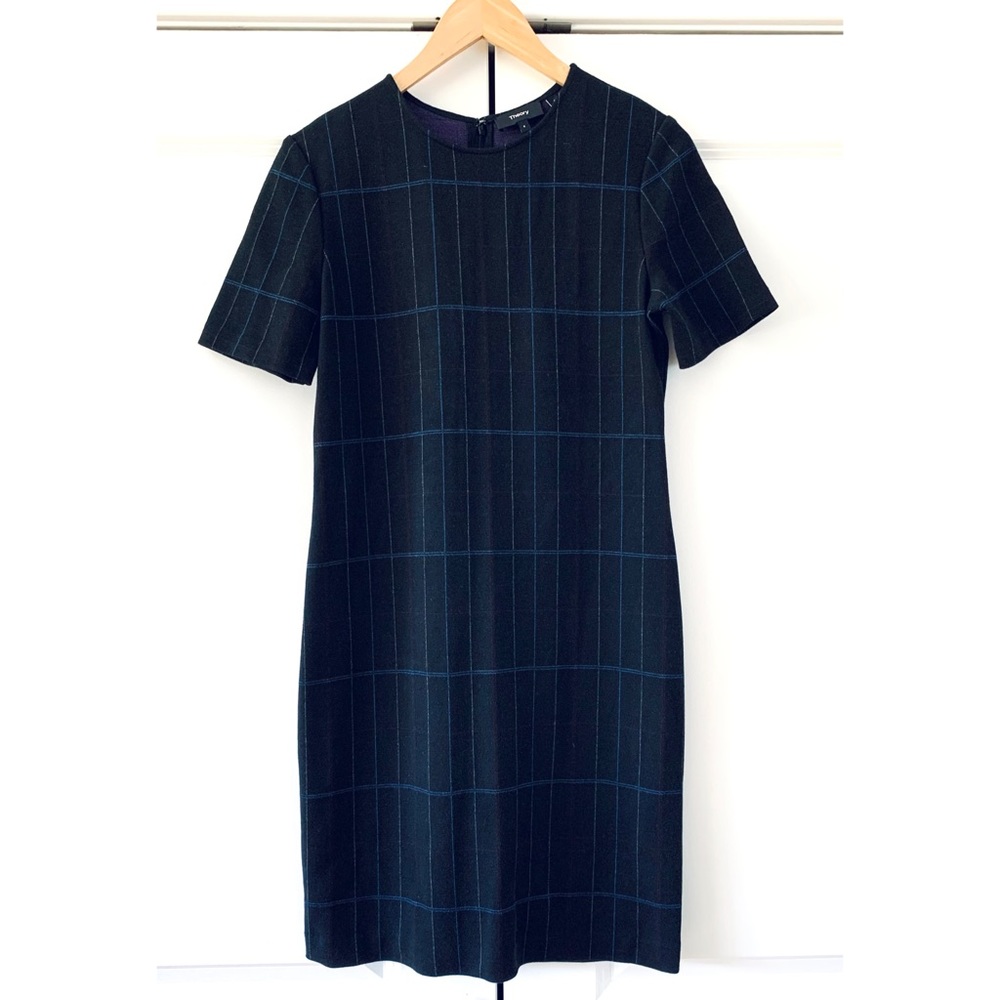 Theory Dress Black Plaid Shift Short Sleeved Career Ponte Knit Crew Neck Size 8